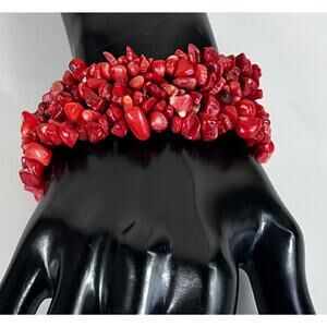 Red Coral Chip Stretch Bracelet Jewelry Natural Coral Beaded Bracelet 59.9g
